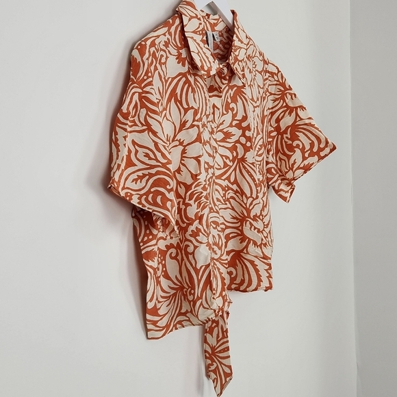 NWT Joie Orange White Floral Short Tie Waist Blouse Size L - Picture 2 of 9